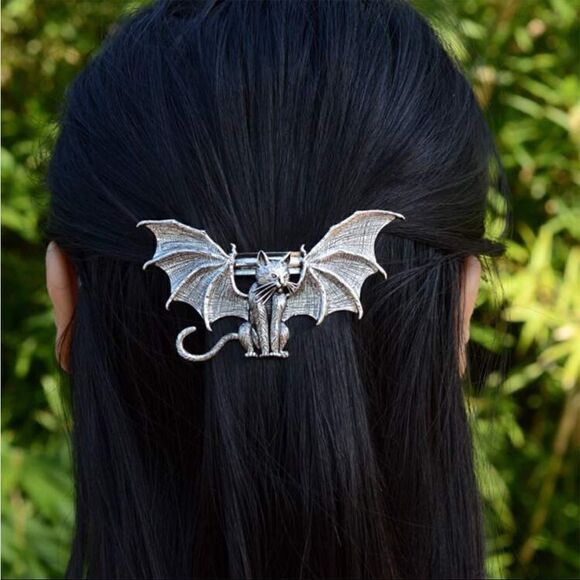 Gothic Cat With Bat Wings Hair Clip, Silver Color, Great Hold, Sturdy - Picture 2 of 3